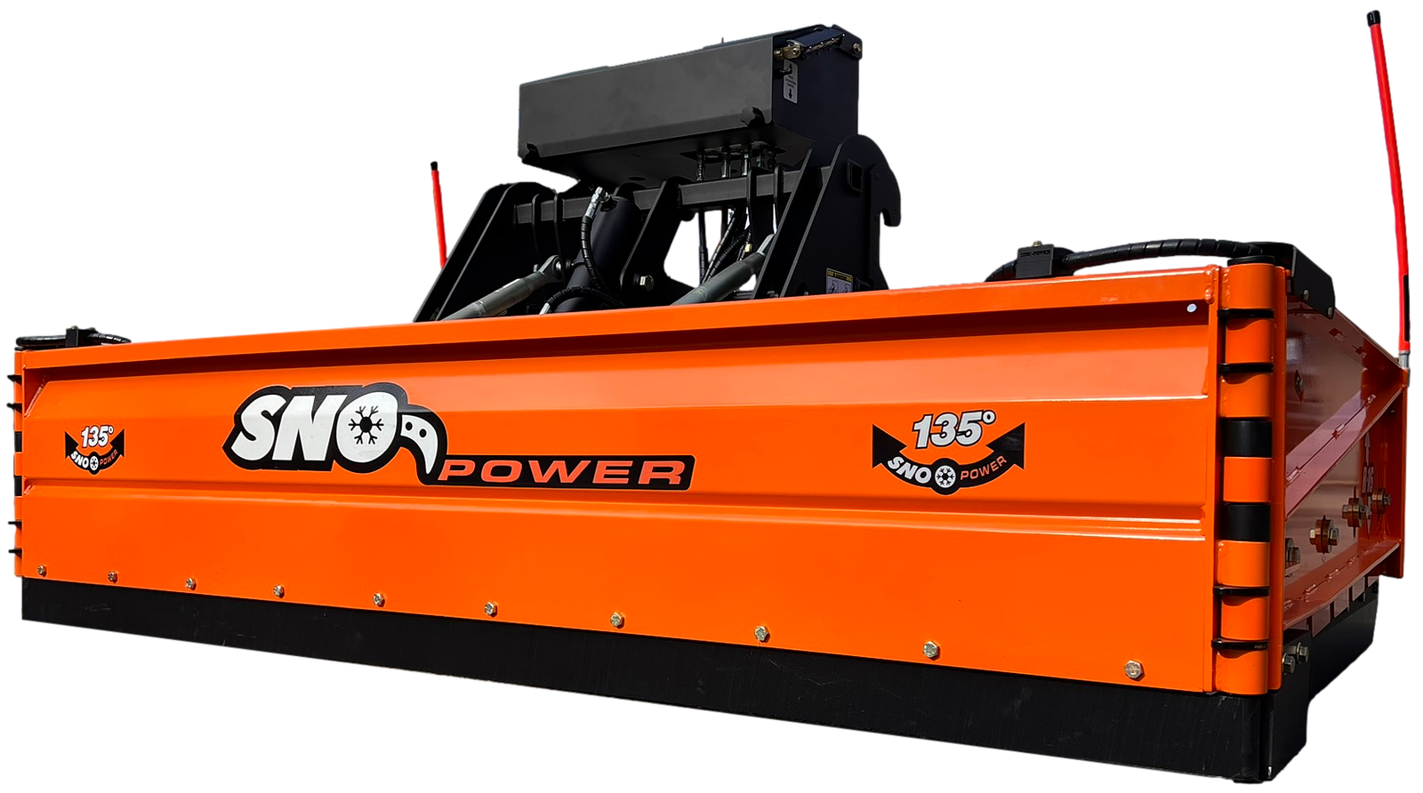 Sno-Power R16 backblade mounted behind a white pickup truck